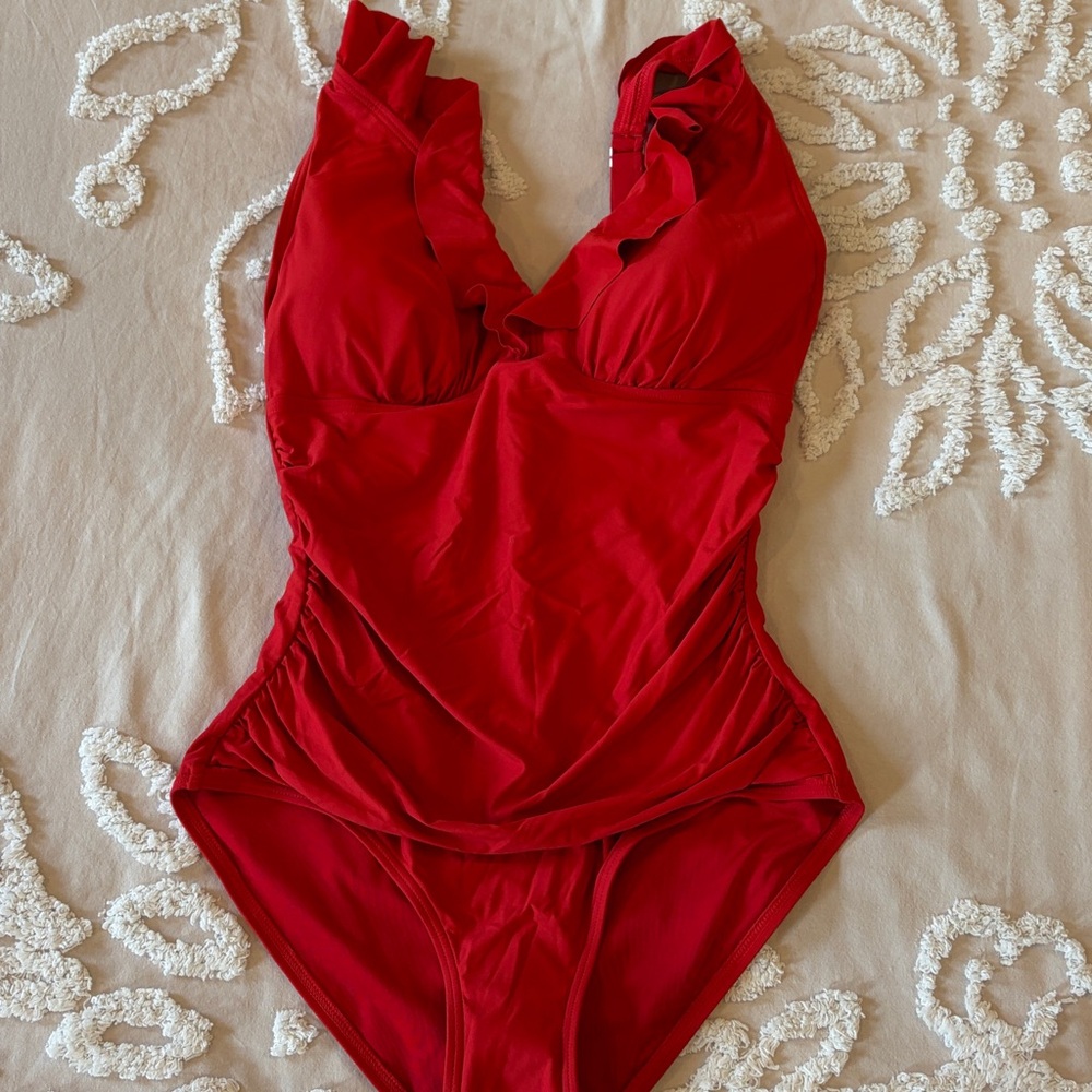 DKNY Red Ruffled Women's One Piece Swimsuit Size M NEW - Picture 5 of 9